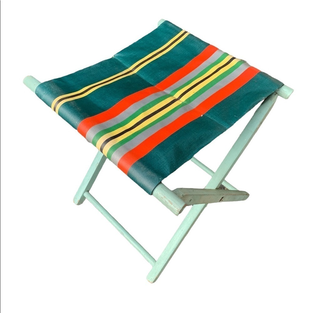 Striped Adirondack Vintage Folding Camp Stool - Picture 4 of 7